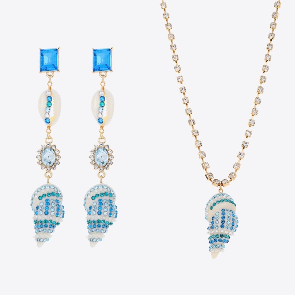 Blue Rhinestone Sea Shell Necklace and Earring Set - Picture 2 of 5